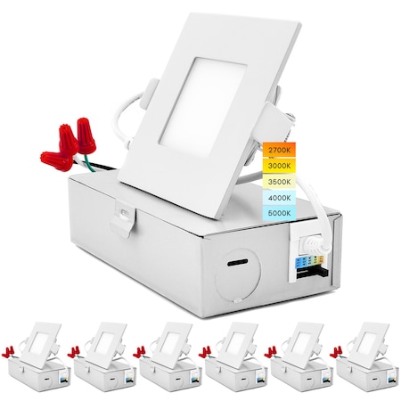 Luxrite 3" Square Ultra Thin LED Recessed Downlights 5 CCT Selectable 2700K-5000K 8W 540LM Dimmable 6-Pack LR23754-6PK